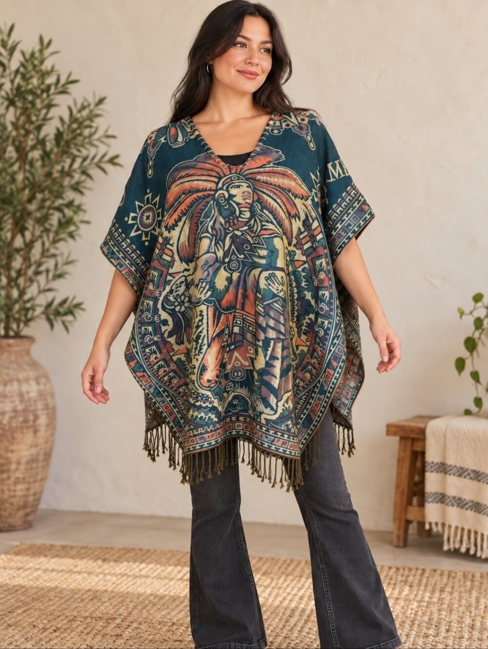 Mexico Woven Tapestry Poncho Teal Boho Fringe Estimated S–XL